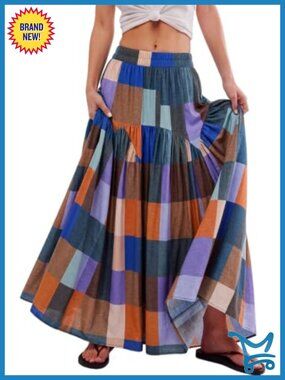 Women's Boho Plaid High Waist Floor Length Maxi Skirt
